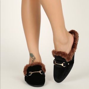 Fur Trim Velvet Horsebit Flat Loafers